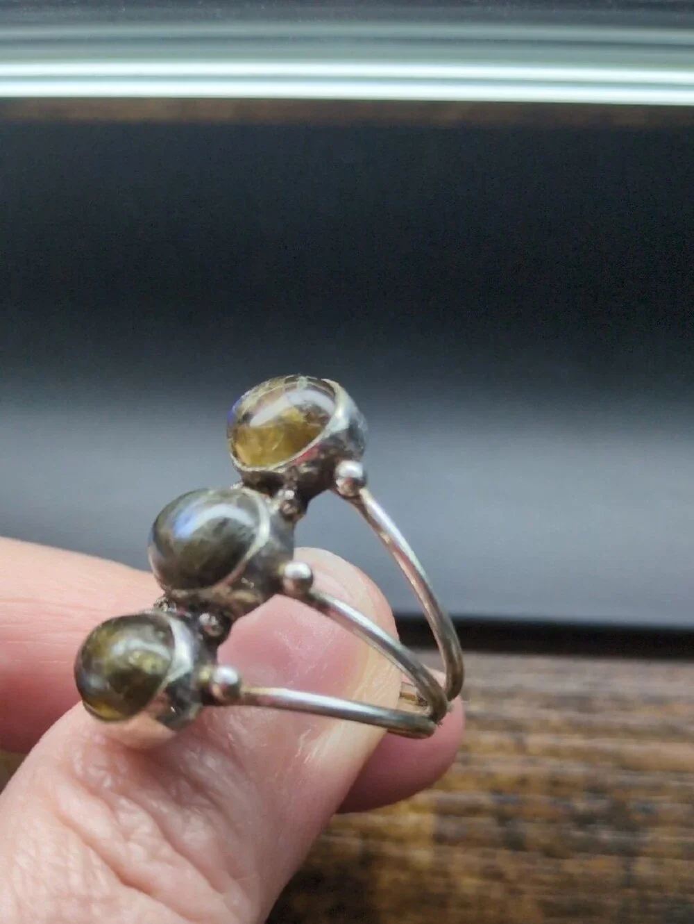 Triple Stone Labradorite Silver Ring - Green/Gray Accent